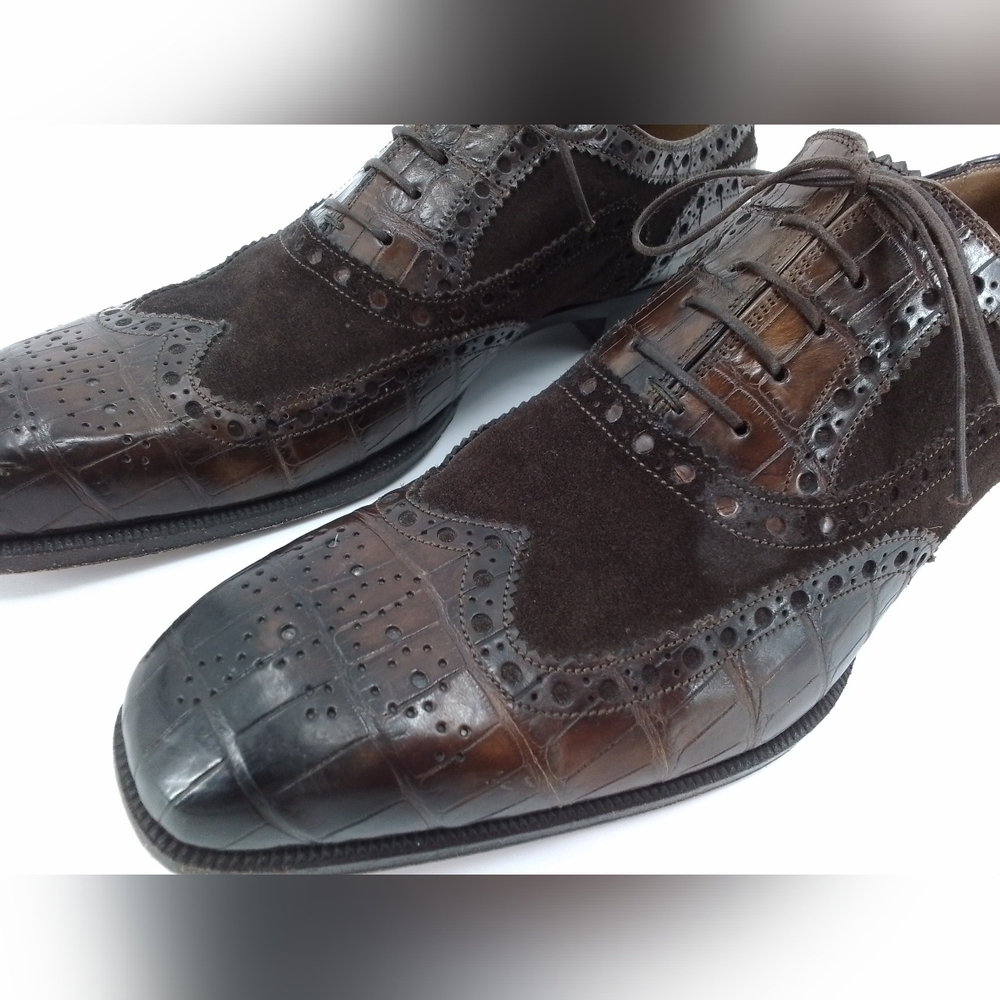 DI Bianco Scarpe Dress Shoe Oxford BROWN SUEDE & ALLIGATOR Wingtip Leather sz 10 - Picture 2 of 12